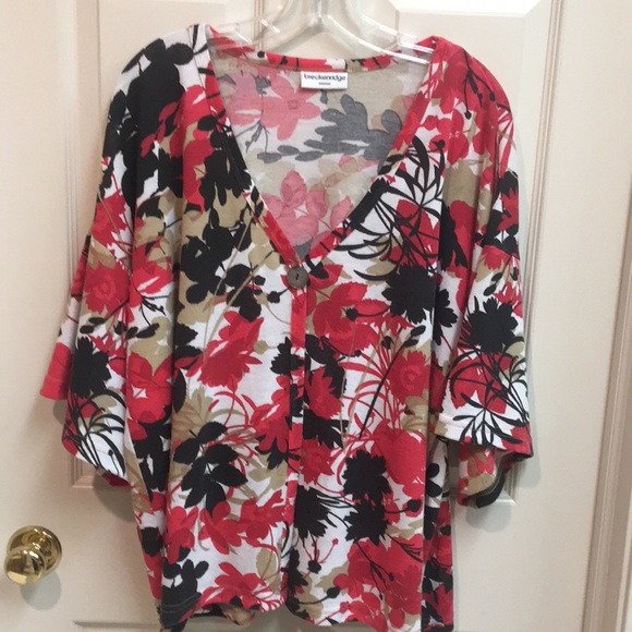 breckenridge Tops - Lightweight Floral Print Dolman Sleeve Women's Top - Red/Black/Tan